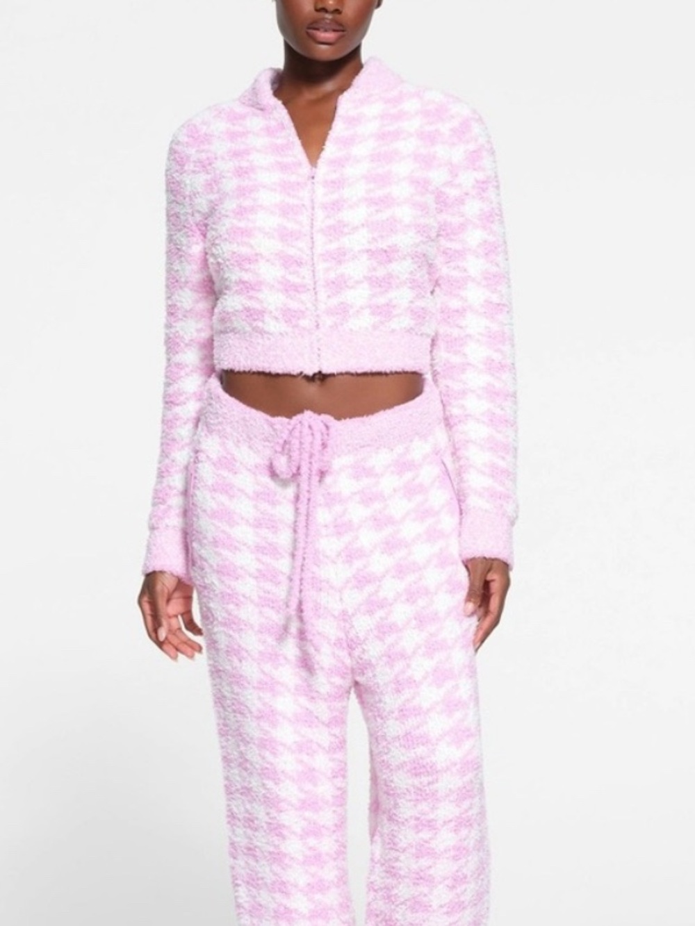 Skims Cozy Knit Zip Up Sweater Petal Houndstooth S/M Loungewear Pink White